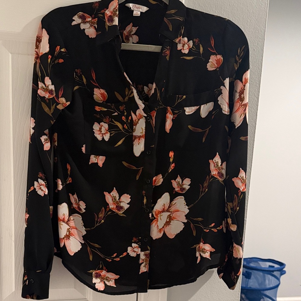 Candie's Black Blouse with Pink Floral Design